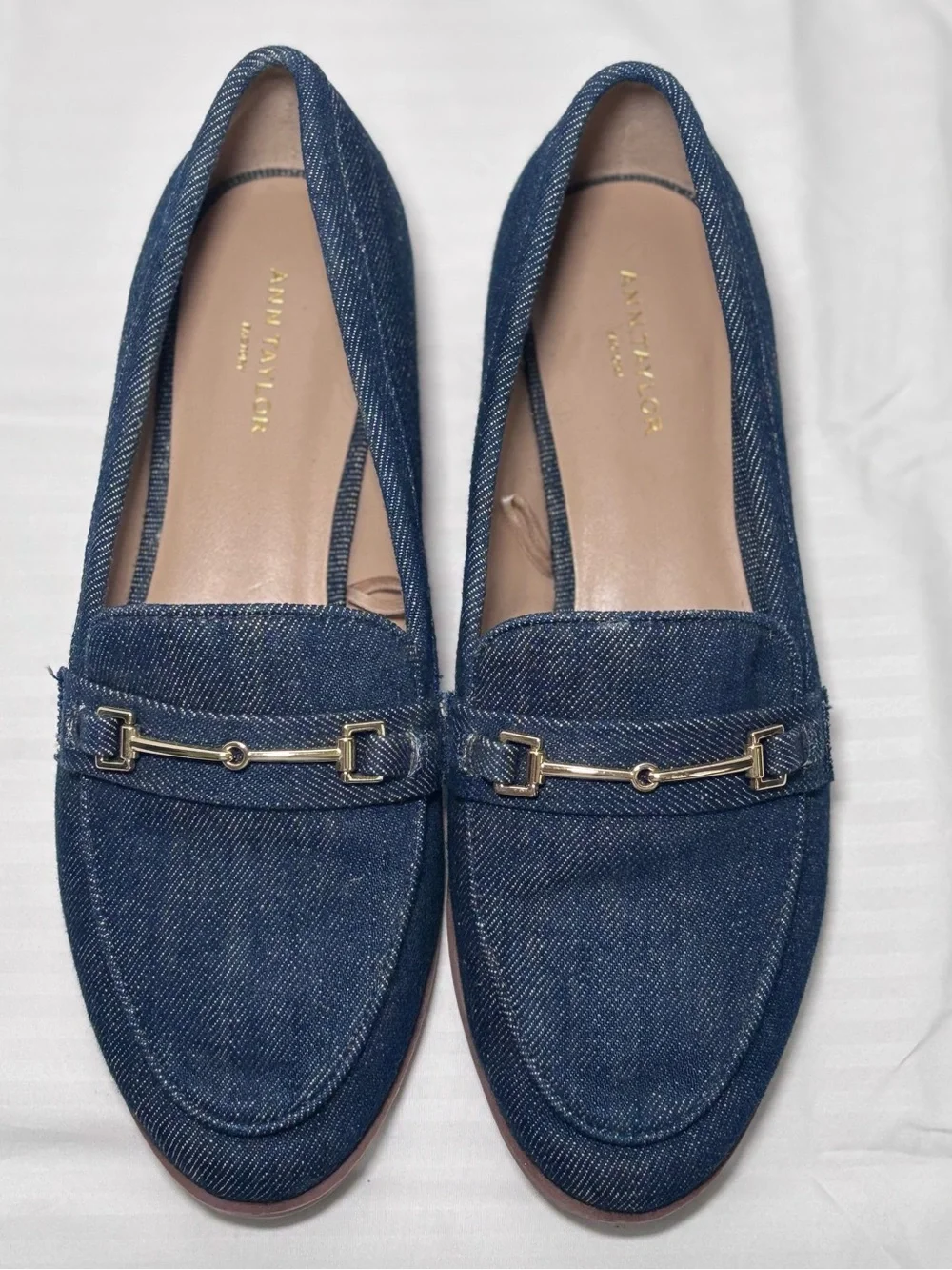 Ann Taylor Denim Loafers with Gold Horsebit Detail